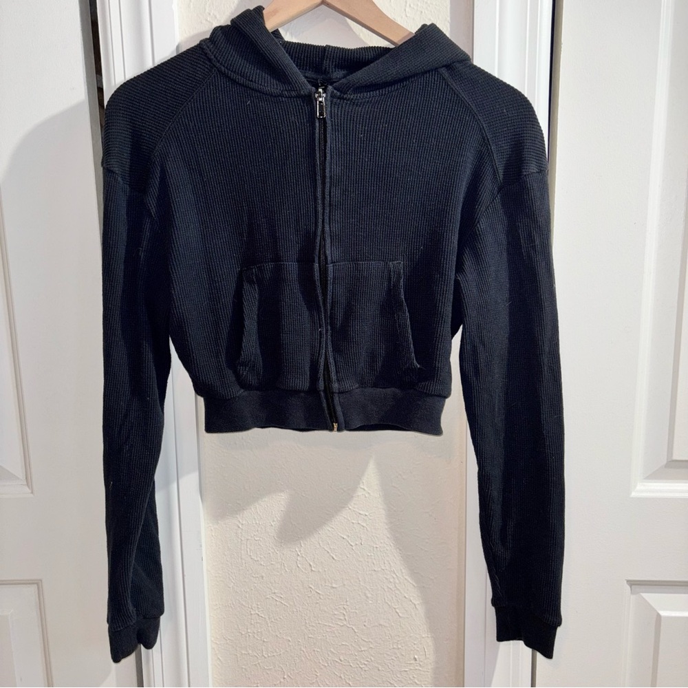 Skims Black Cropped Ribbed Hoodie